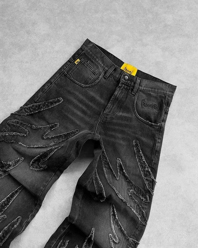 Calça jeans bordada chama Harajuku masculina, hip hop, rua, lazer, calças jeans, cintura alta, perna reta, perna larga, roupas masculinas, novo, Y2k