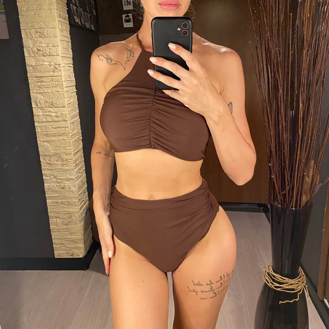 Halter Neckholder-Bikini mit Falten, hoher Halsausschnitt, Damen-Badeanzug, Bikini mit hoher Taille, zweiteiliges Bikini-Set, Badebekleidung, Badeanzug, Modell V5616 – Detail 2