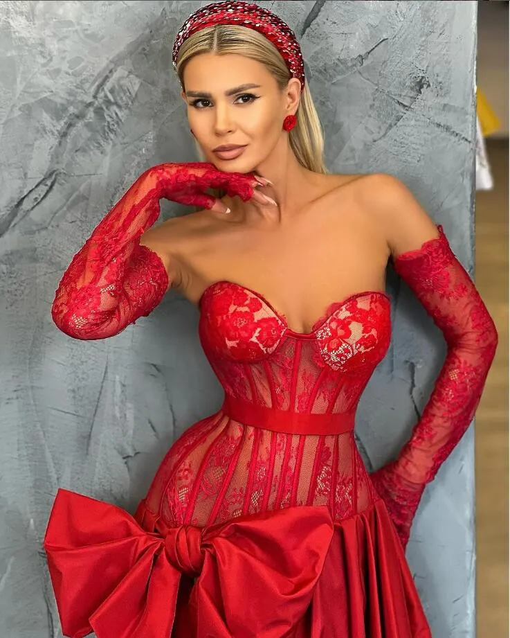 Red Lace Stain Long Evening Celebrity Runway Dress with Remove Long Sleeve Bustle Boning Prom Party Gown for Women