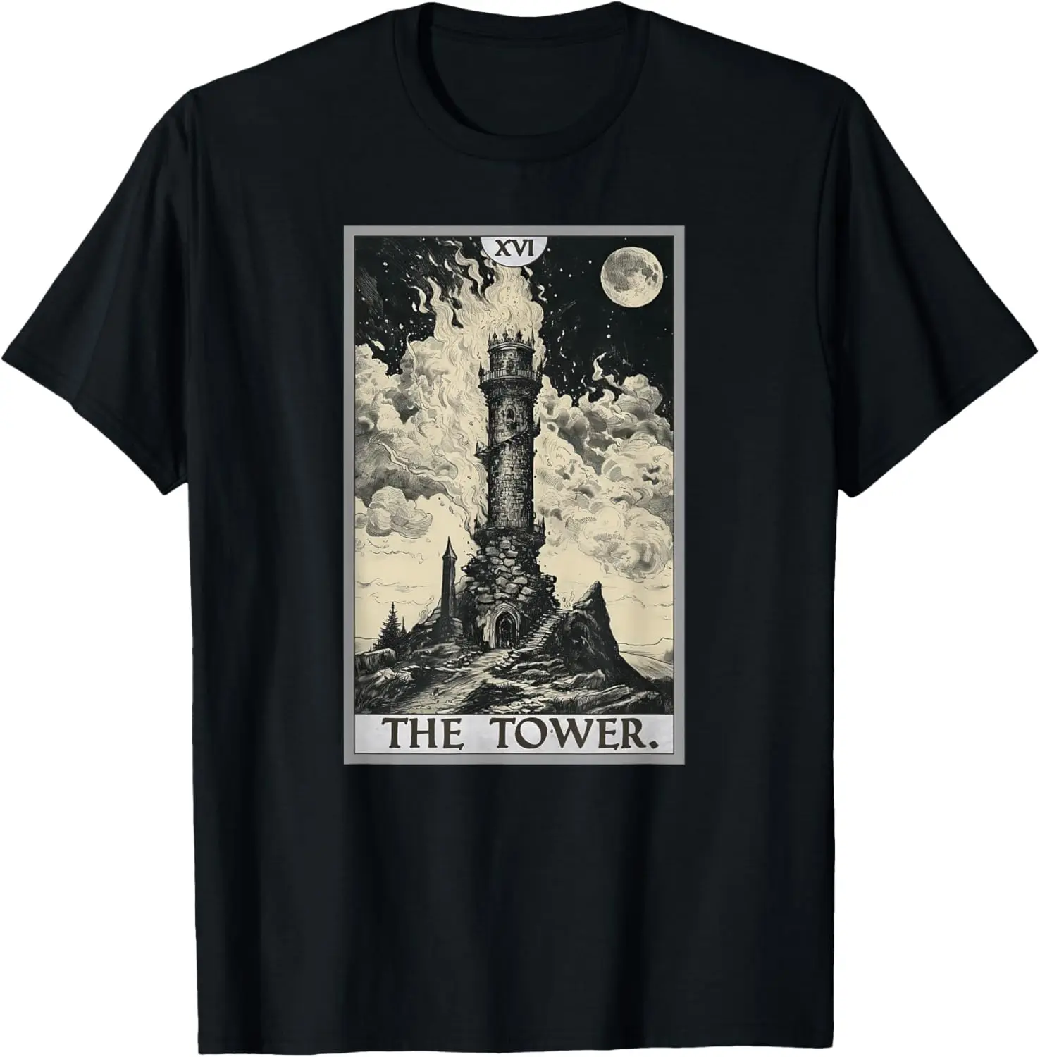 Cards Tarot Card 16 The Tower T-Shirt 100% Cotton Trendy Y2K Short-Sleeve Tee-Soft, Quick-Drying, Moisture-Wicking; Ideal Sports