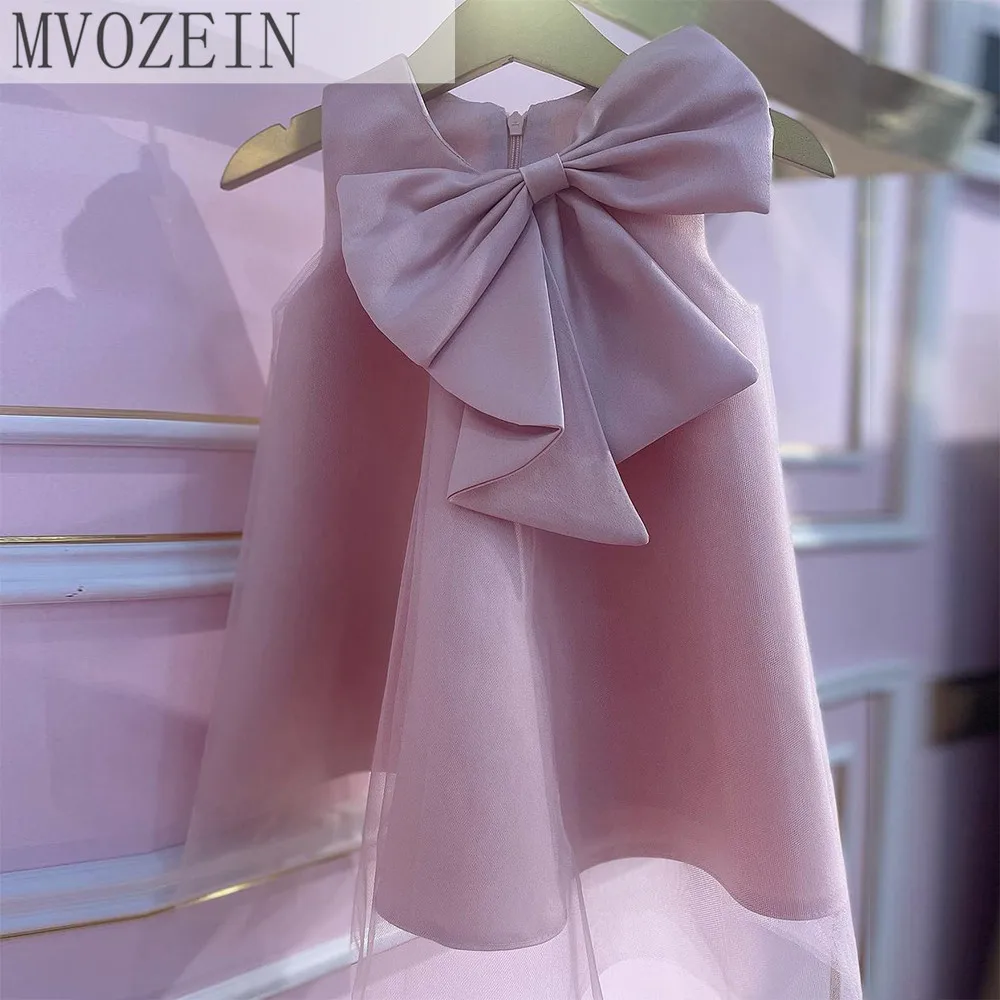 Mvozein 2023 New Flower Girl Dress Cute Bow O-Neck Tea Length Sleeveless Zipper Back Child Party Dress Kids Brithday Gowns