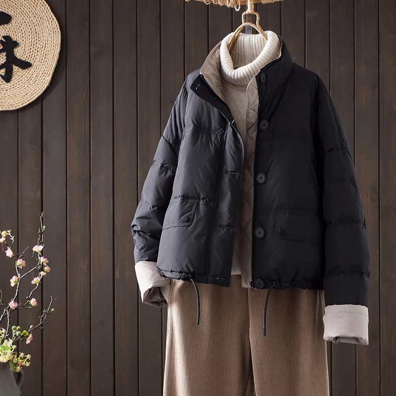 Schinteon 女性ホワイトダックダウンジャケットカジュアルルーズ秋冬生き抜くスタンドカラー韓国スタイルカラーブロックコート 2025 新しい