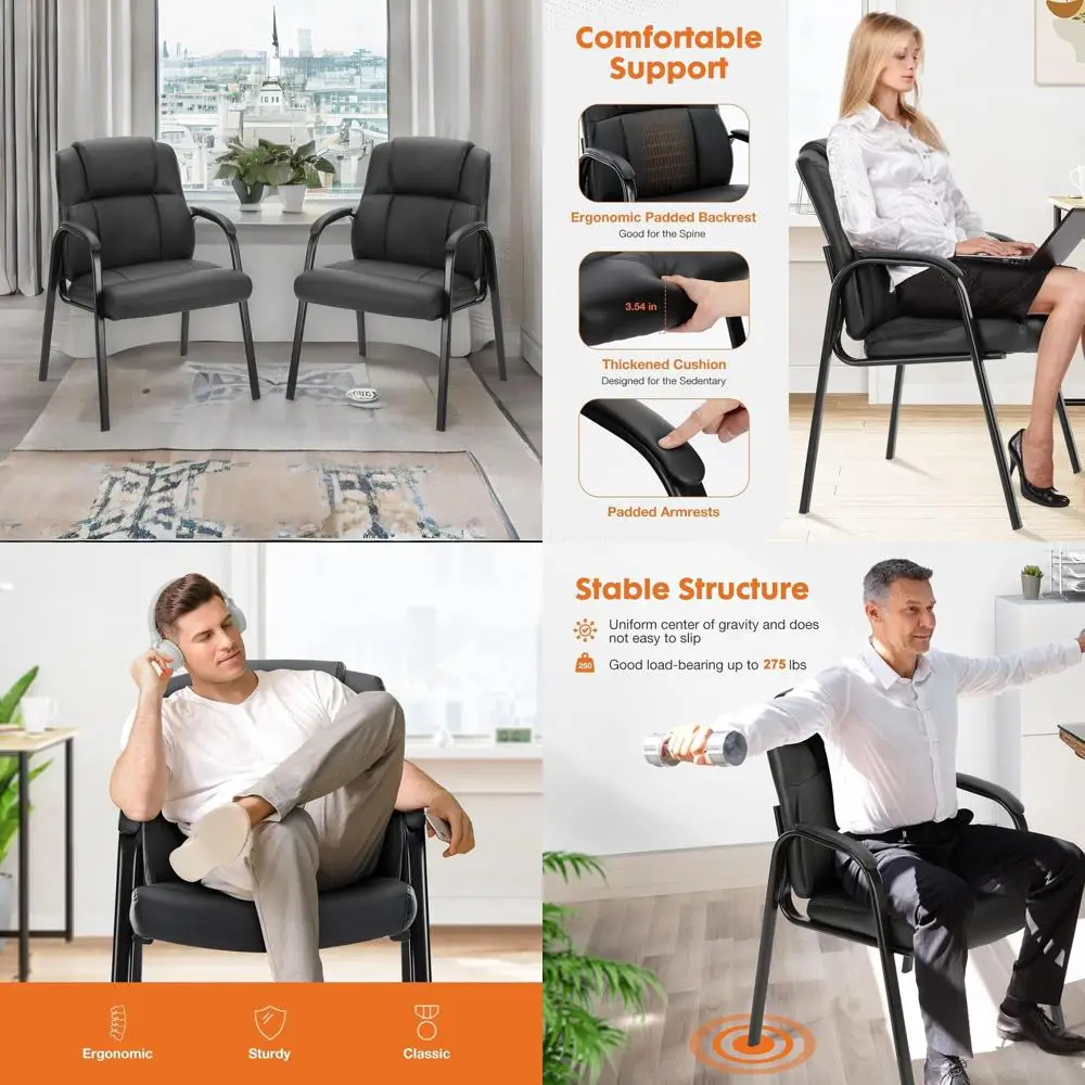 زوج من كراسي المكتب الكبيرة المصنوعة من جلد البولي يوريثان، كبيرة وطويلة، بدون عجلات، أذرع مبطنة، مثالية لغرف الانتظار والمؤتمرات