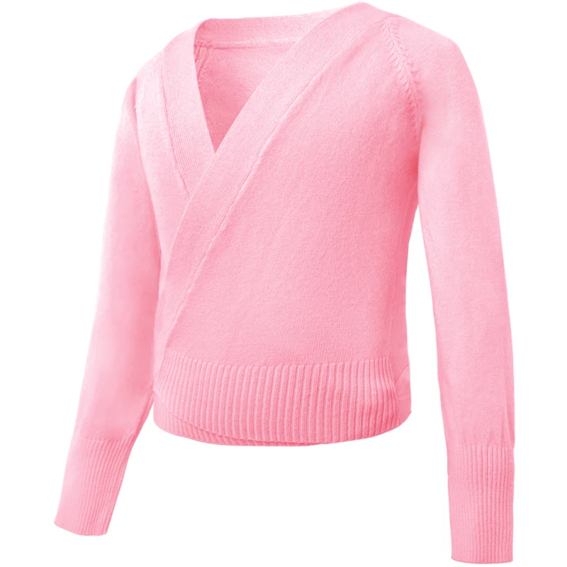 الفتيات الدافئة محبوك الباليه سترة طويلة الأكمام الرقص سترة التفاف أعلى الاطفال الباليه سترة معطف تريكو للأطفال، بلون