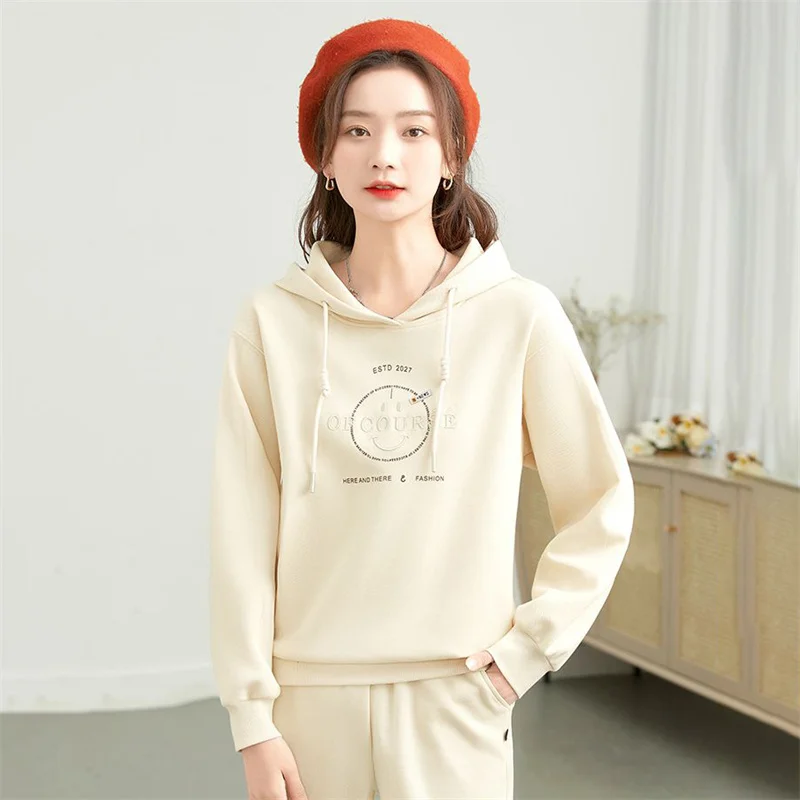 Spring Autumn Casual Hoodie 2024 New Loose Drawstring Hooded Women's Clothes Pullover Solid Colour Fashion Hoody Top Female