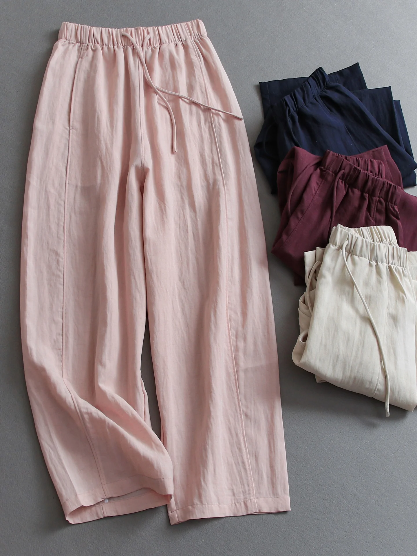 Linen Wide Leg Casual Pants Women's Pure Color Drawstring Elastic Waist Cool Sensation Breathable Loose Fit Casual Trousers