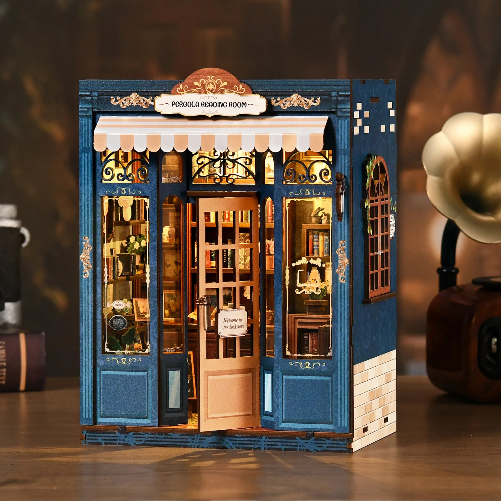 OUZEY جديد كتاب الزاوية عدة لتقوم بها بنفسك مكتبة مصغرة منزل ثلاثية الأبعاد لغز خشبي لرف الكتب خمر كتاب الزاوية ديكور مع مصباح ليد هدية #1