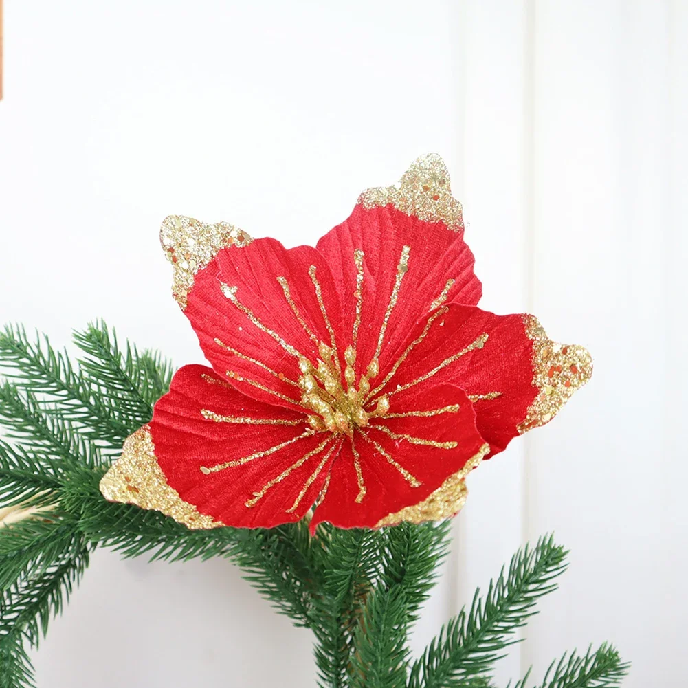 1pc 21cm Christmas Flower Fabric Sequin Simulation Flower DIY Flower Christmas Party Arrangement Happy New Year Decoration
