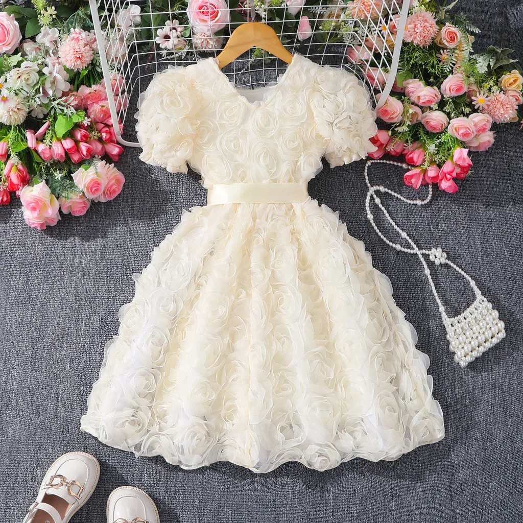 Kids Girl Beige Dress Elegant Party Short Sleeve Floral Summer Girls Princess Dress Cute Fashion Children Dresses 3 4 5 6 7 Yrs