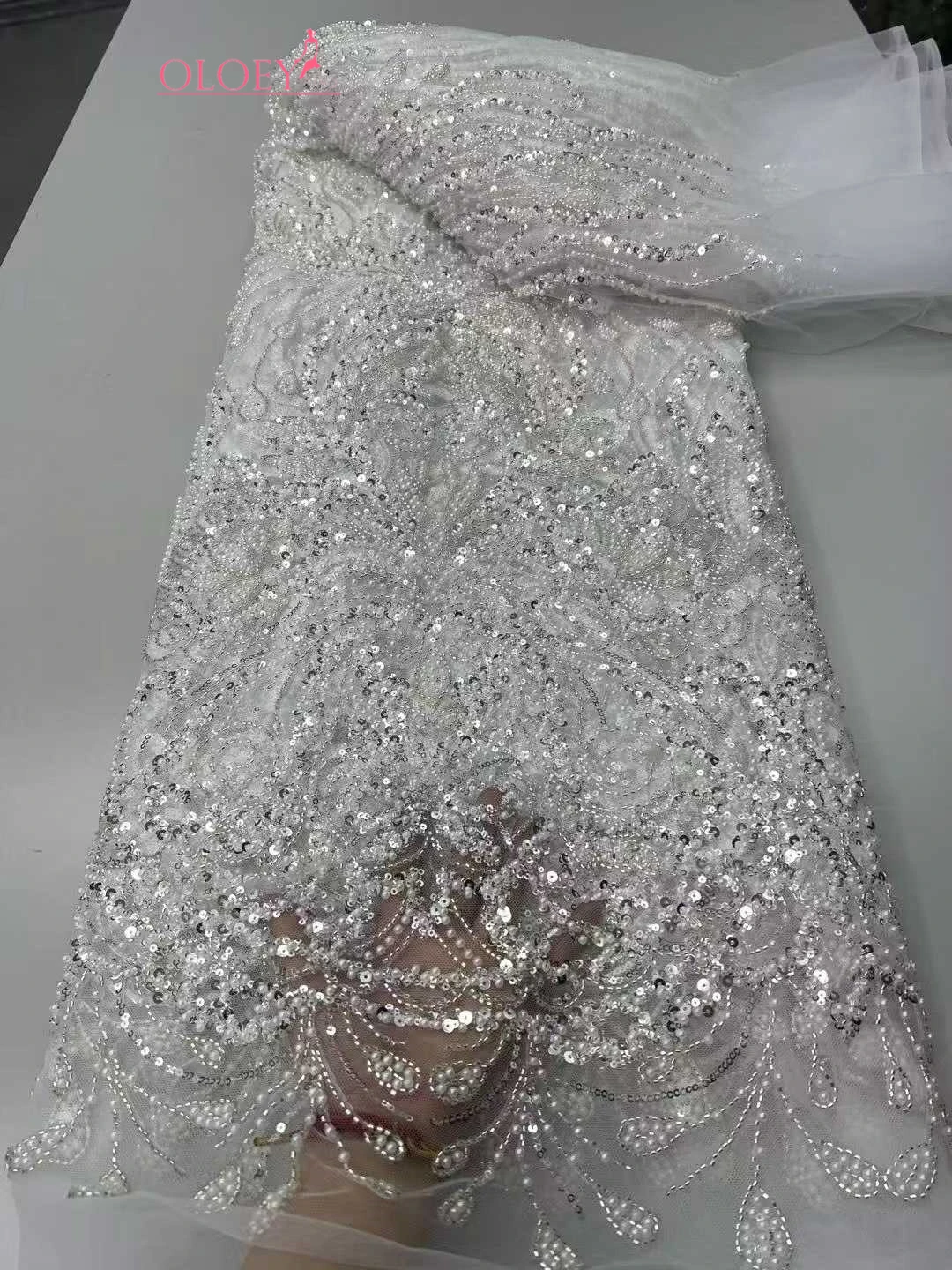 

OLOEY Luxury African Heavy Beaded Lace Fabric 2026 High Quality 5 Yards Sequins French Tulle 3D Lace For Wedding Party Dresses