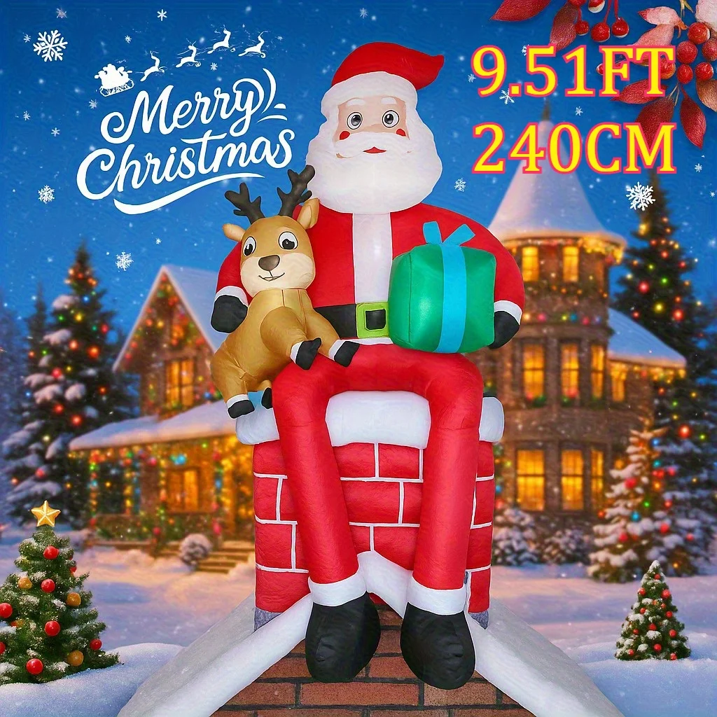 1pcs Christmas Inflatable Outdoor Nativity Scene Yard Decorations Santa Claus in Red Outfit Holding Reindeer & Green Decor