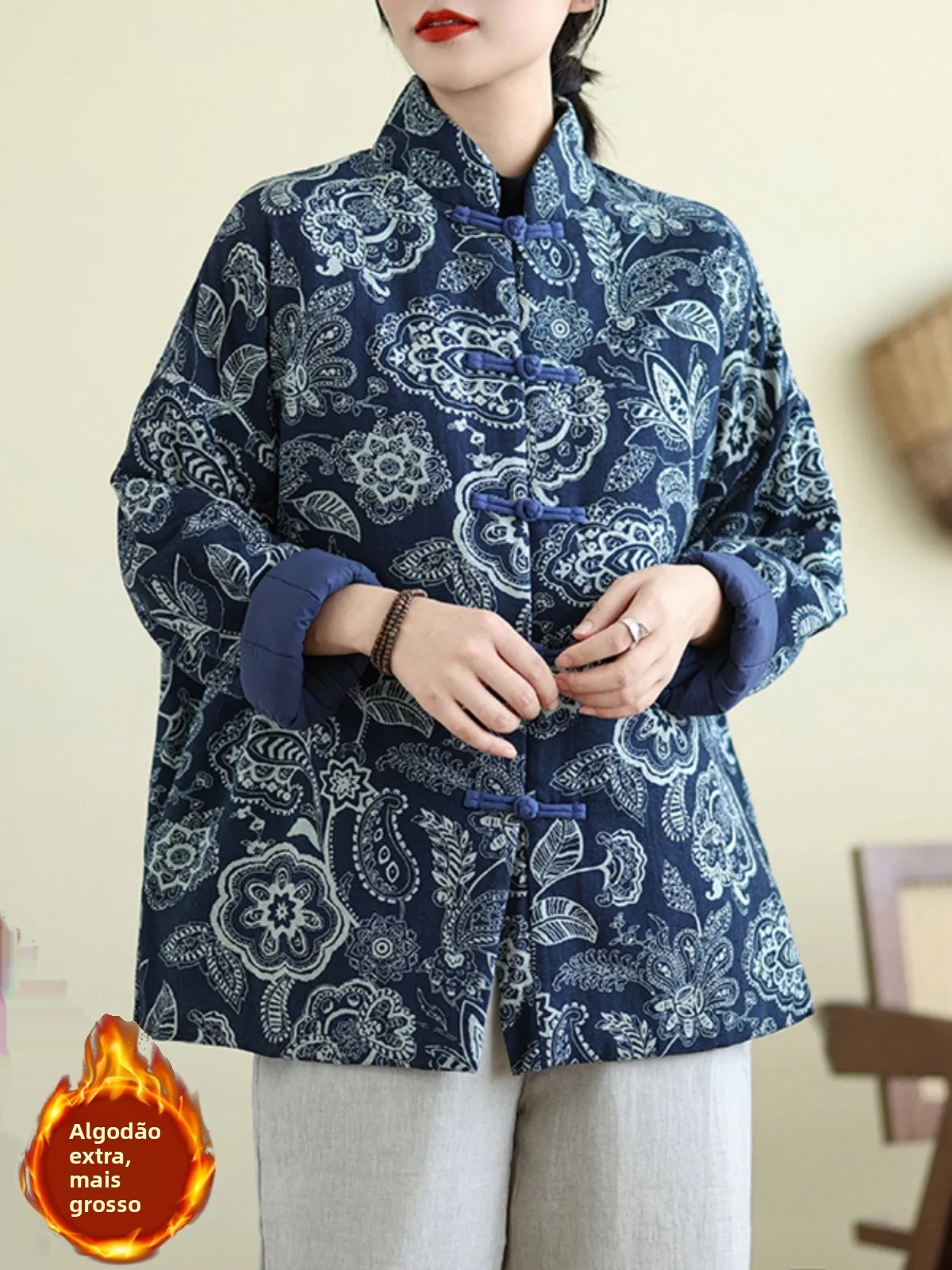 New Chinese Style Thickened Cotton Jacket Women's Winter Coat with Button And Print Warmth Retro National Trend Small Cotton ...