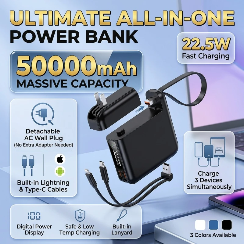 50000mAh Large Capacity Power Pack 22.5W Fast Charge Built-in Cord & AC Wall Plug Portable Charger for iPhone Xiaomi Smartphones