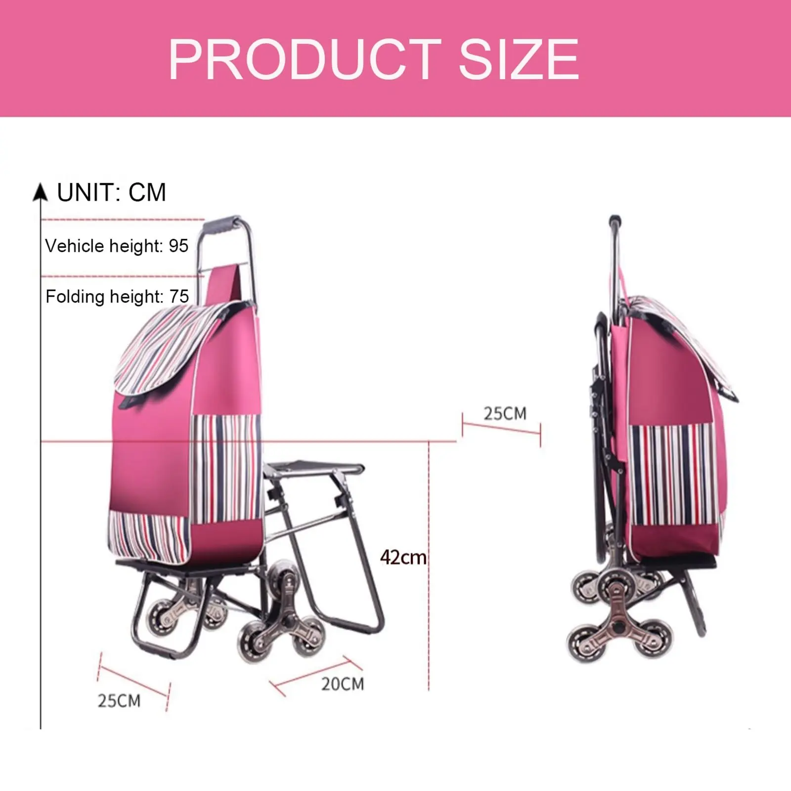 Heavy Duty Shopping Cart with Seat,Portable Foldable Trolley Bag,with 6 Grocery Cart On Wheel,can Climb Stairs,for