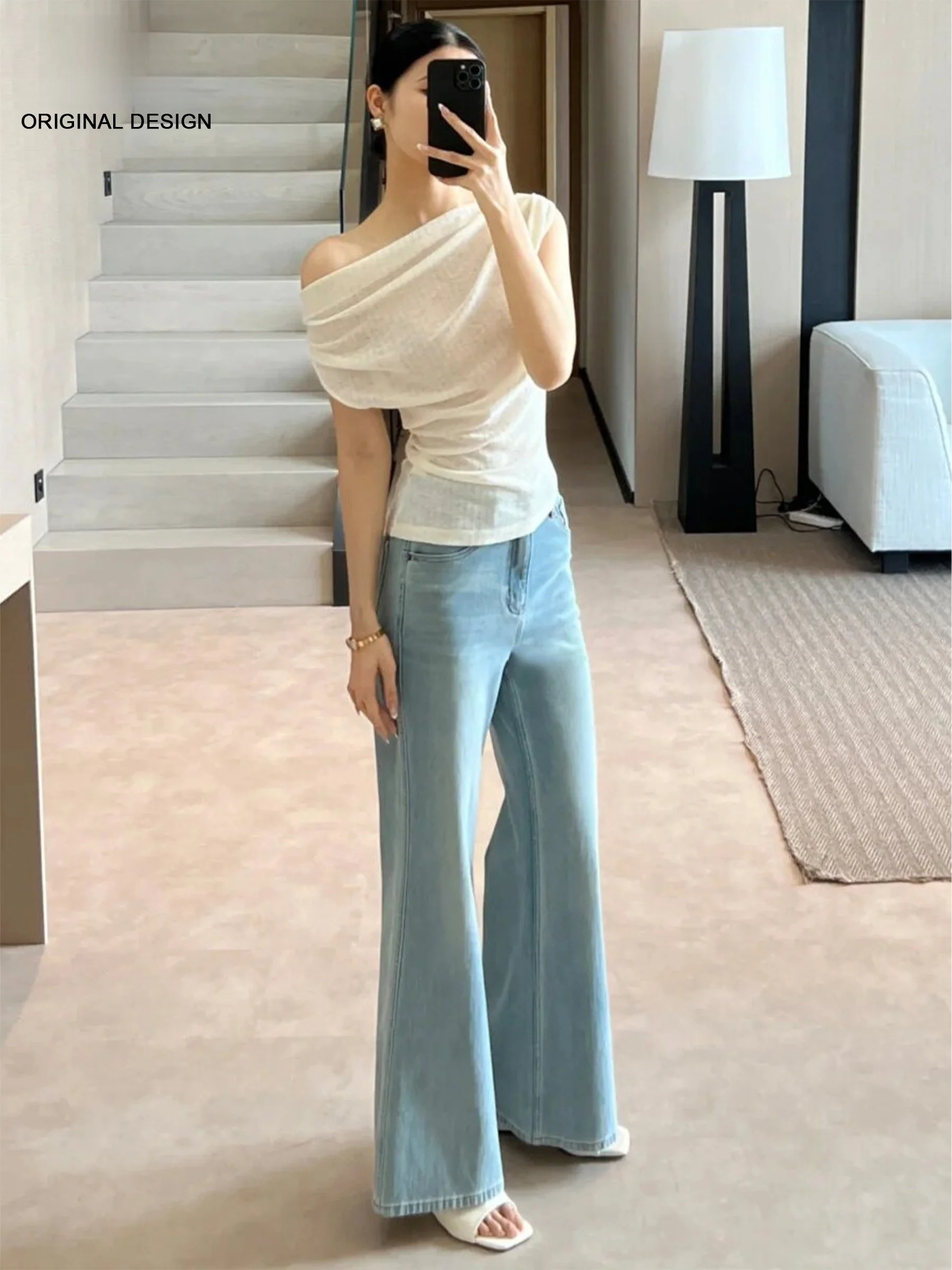 

Светло-голубые винтажные джинсы-клеш с эффектом потертости, женские, свободного кроя, с эффектом похудения, летние повседневные джинсы с высокой талией, брюки-клеш