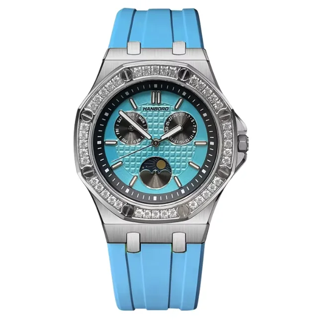 

Женские кварцевые часы HANBORO, 37 мм, с люминесцентным циферблатом, водонепроницаемость 50 м, силиконовый ремешок, многофункциональный циферблат, отображение дня недели, даты, фаз луны