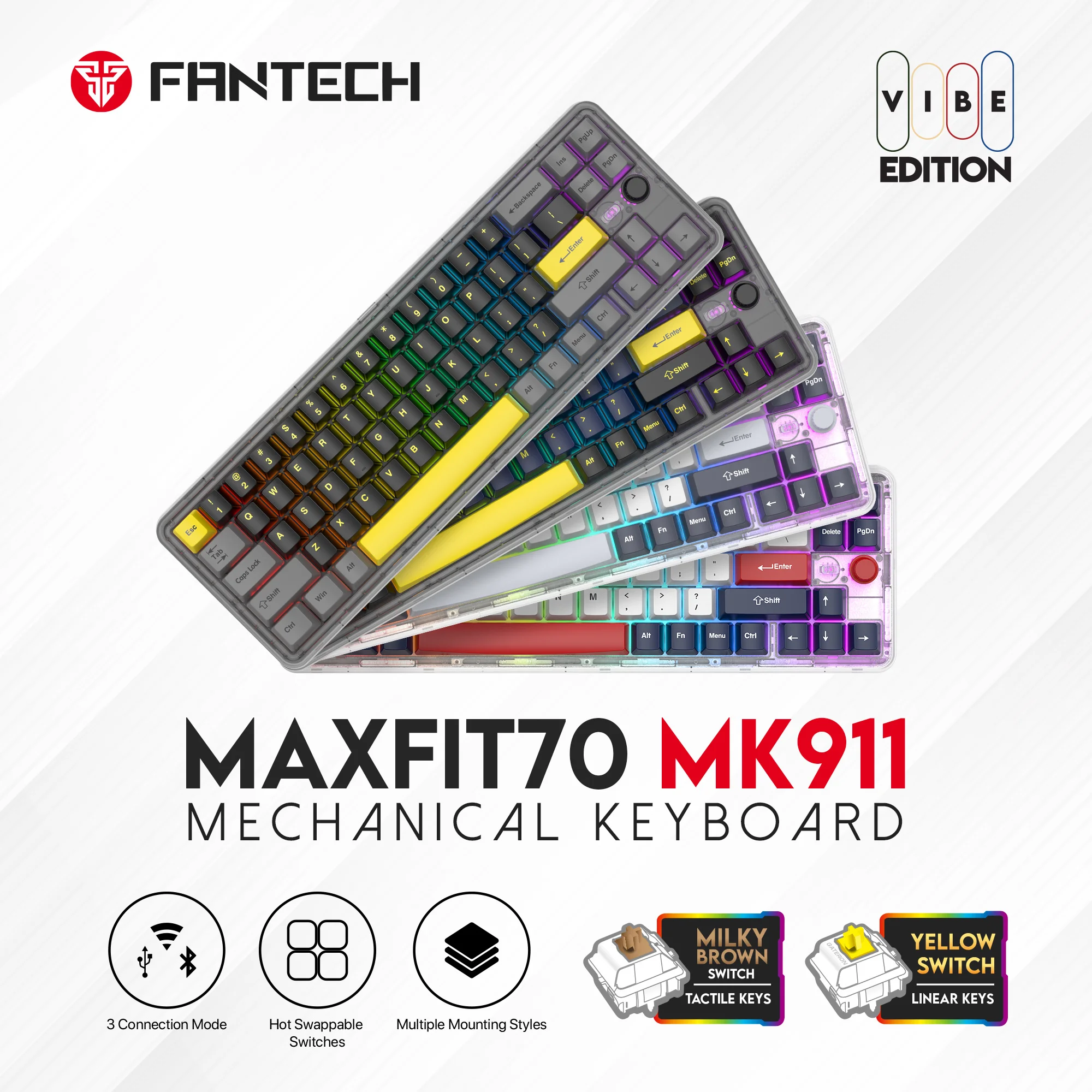 

FANTECH MACFIT70 MK911 Проводная и беспроводная механическая клавиатура South Facing RGB PBT Key DIY Дочьи доски Клавиатура с возможностью горячей замены