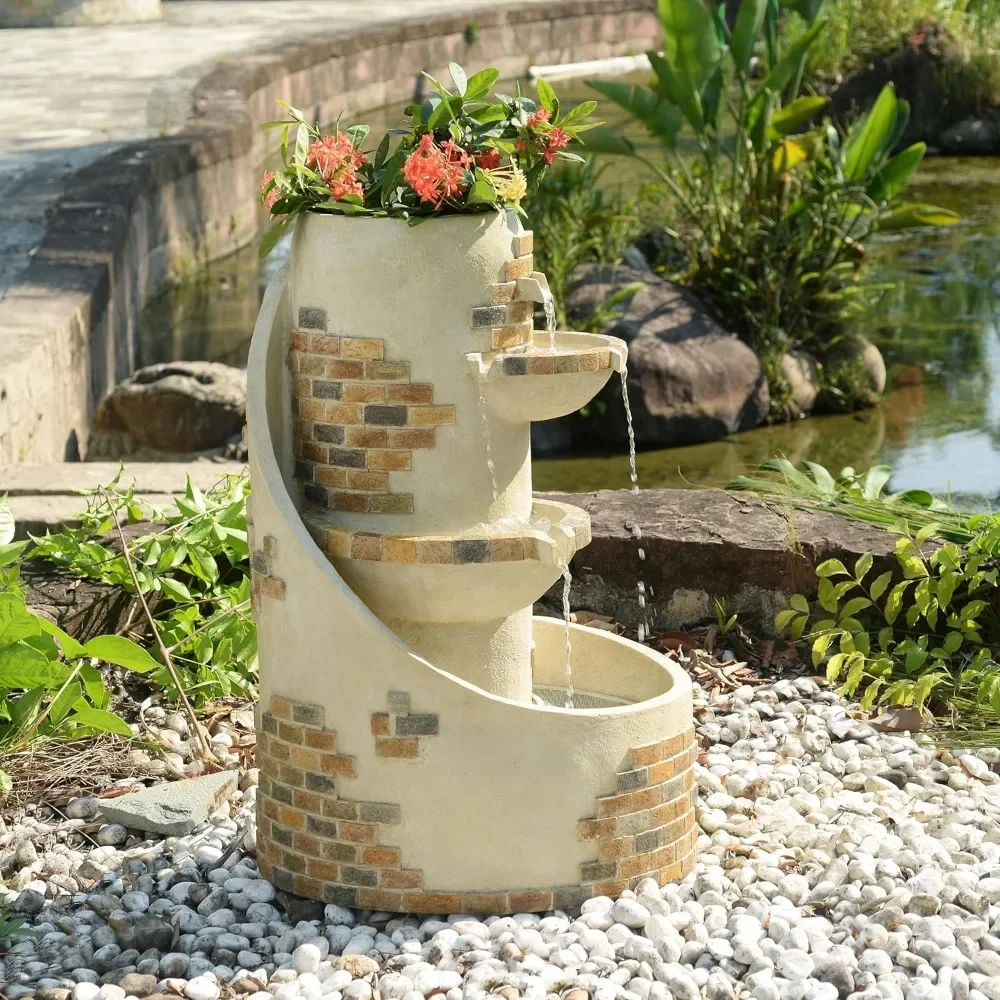 29.92 Inch 3-layer Stacked Outdoor Fountain with Flower Pot, LED Lights, Ivory Color, and Imitation Brick Decoration