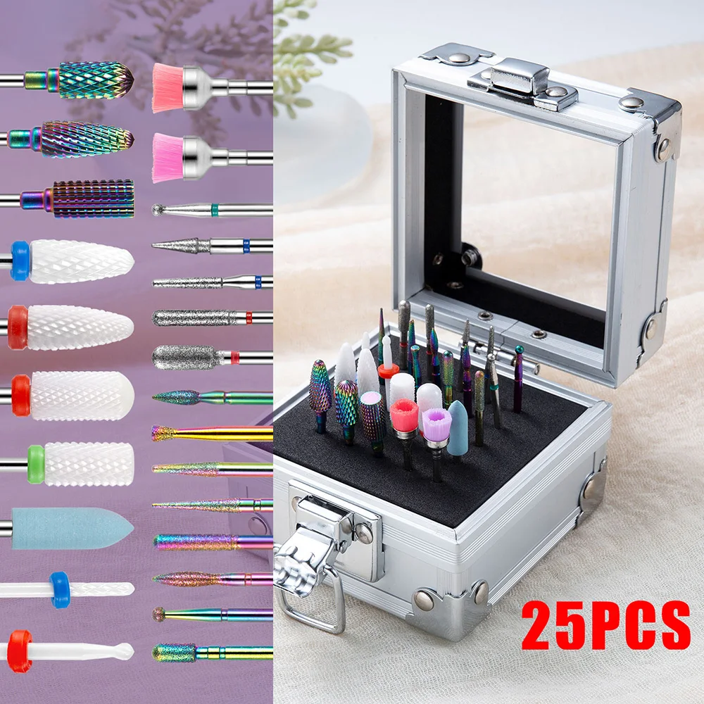 

25Pcs/Set Nail Drill Bit Set with Box Ceramic Tungsten Steel Acrylic Nail Art Tools for Nail File Machine