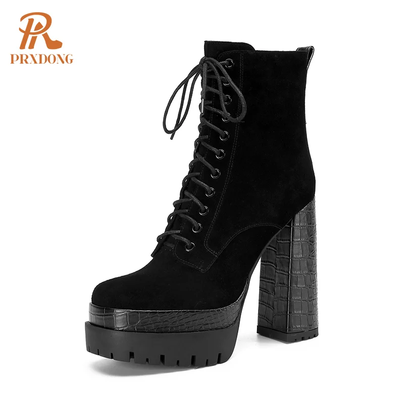 PRXDONG Women's Quality Brand Thick Platform Women's Ankle Boots Zipper Black Female Booties High Heels Party Dress Lady Shoes