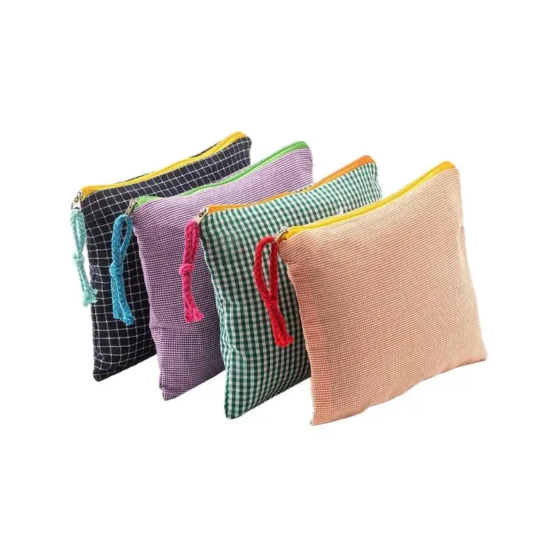 Koreanische karierte Make-up-Tasche aus Baumwolle mit großem Fassungsvermögen, Reißverschluss, Kosmetik-Aufbewahrungstasche, tragbare Reisewaschtasche für Mädchen, Geschenk – Detail 6