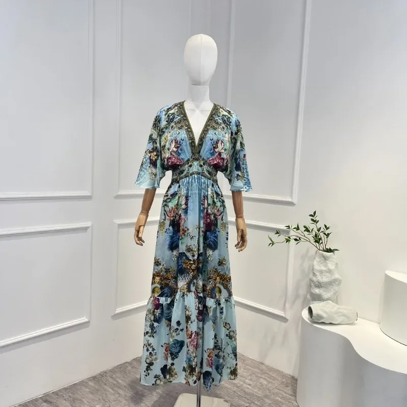 

Blue Flower Printing Midi Dress Top Quality Pure Silk 2023 Summer Deep-v Neck Ruffle Sleeve High Waist Women Clothes