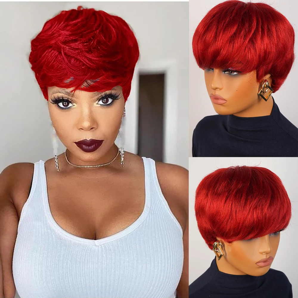 شعر طبيعي مفرود الباروكات قصيرة عابث قطع شعر مستعار أحمر اللون قبل قطعها البرازيلي شعر ريمي آلة صنع قبعة لا ذرف للنساء