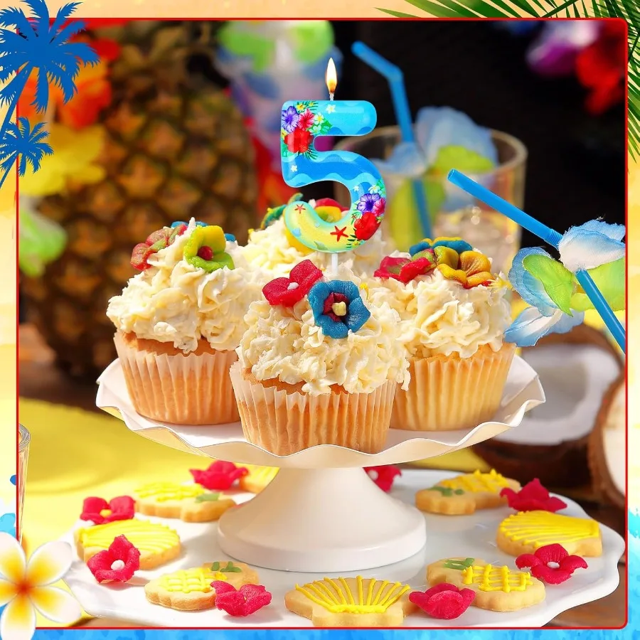 하와이 테마 생일 숫자 양초 소녀들을 위한 바다 생일 파티 양초 열대 케이크 토퍼 오션 테마 장식 블루 루아우