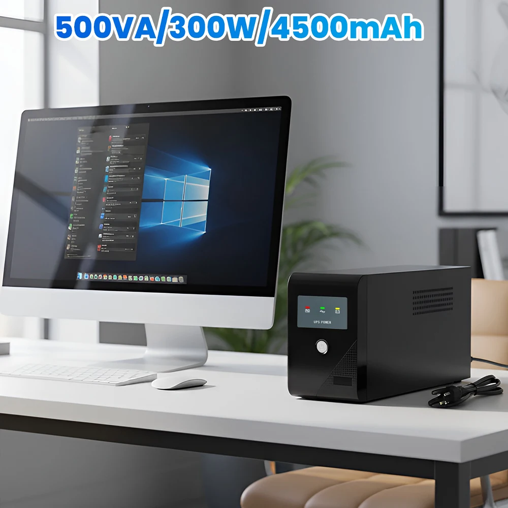 500VA UPS Power Supply 300W 4500mAh Battery Backup Power Uninterruptible Pure Sine Wave with 3 Outlets for Home Office