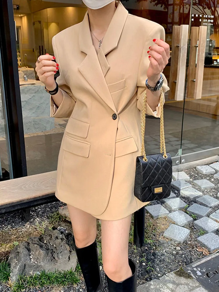 BZVW Office Lady Mid Length Blazer For Women Notched Long Sleeves Single Breasted Solid Color Coat 2024 Autumn New 25A8688