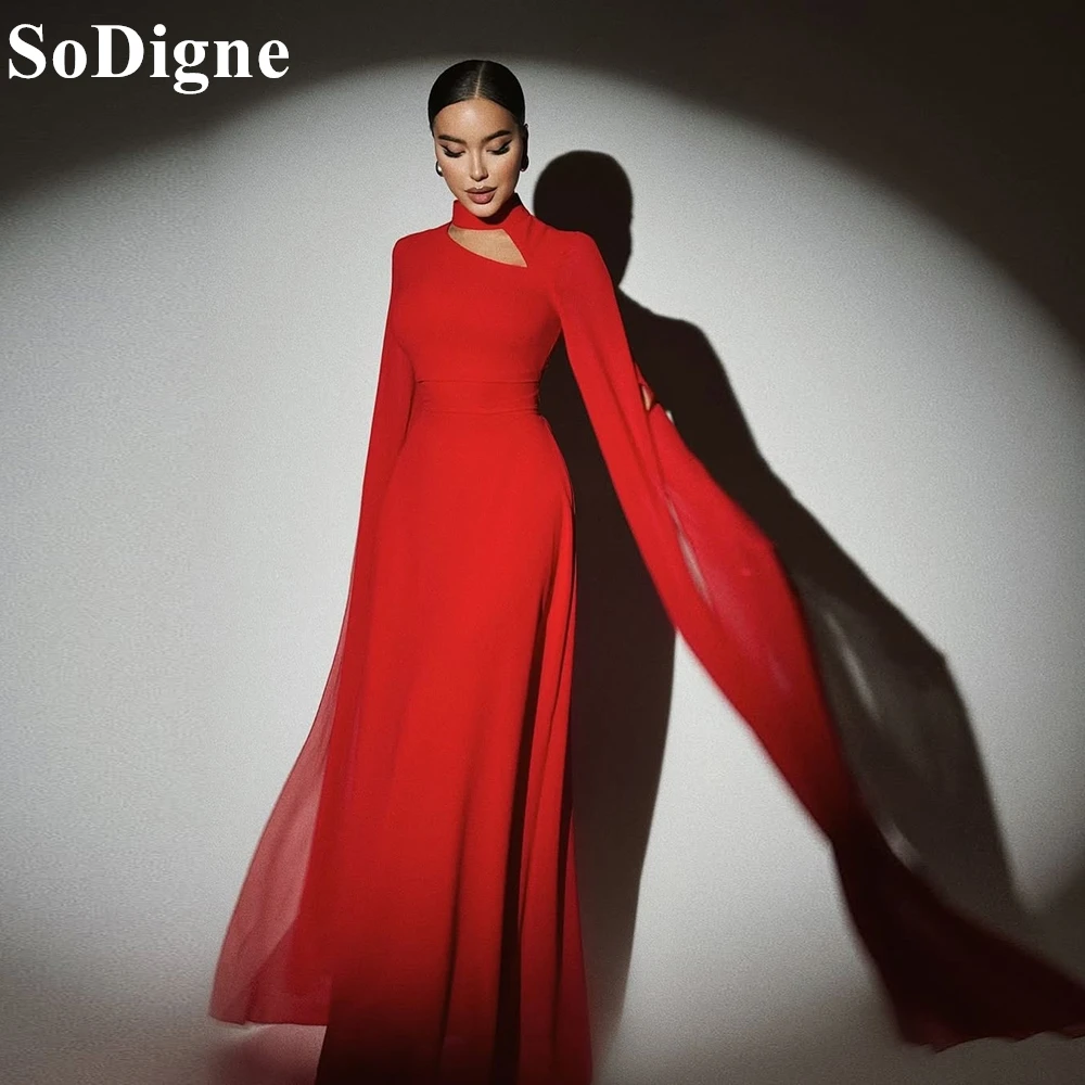 

SoDigne Elegant Red Chiffon Evening Dresses A-Line Halter Long Sleeves Pleated Simple Party Dress Formal Prom Gowns Customized