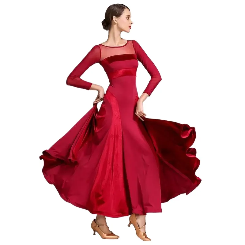 S9047 feminino veludo vestido de dança moderna primavera nova senhora palco desempenho vestido de dança moderna padrão nacional trajes de dança vermelho