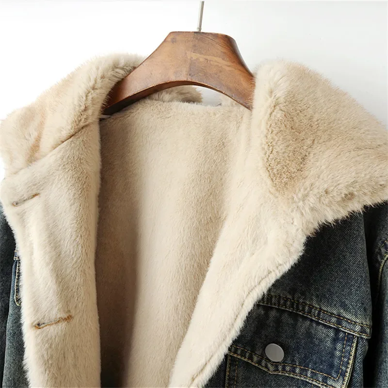 Faux Nerz Kaschmir Zipper Mit Kapuze Denim Jacke Frauen Vintage Cowboy Oberbekleidung Winter Dicke Lose Kurze Jeans Jacke Mantel Weibliche