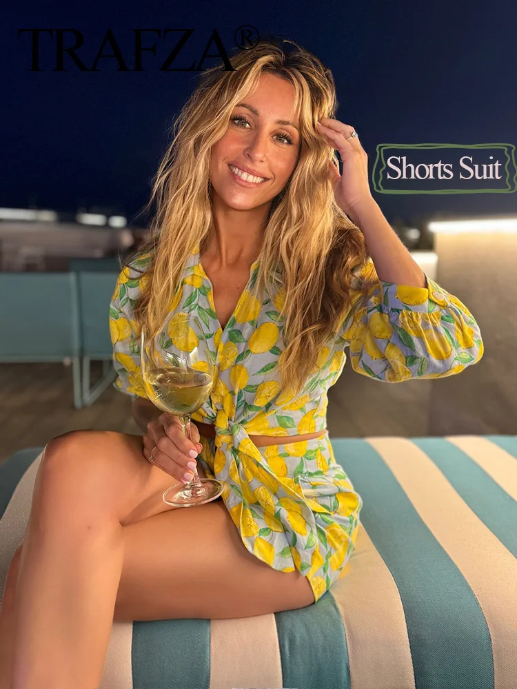 TRAFZA 2024 Trendy Women Lemon Print Shorts Set Yellow Lace Up Shirt Cardigan Tops+Beach Holiday Style Casaul Shorts Summer Suit