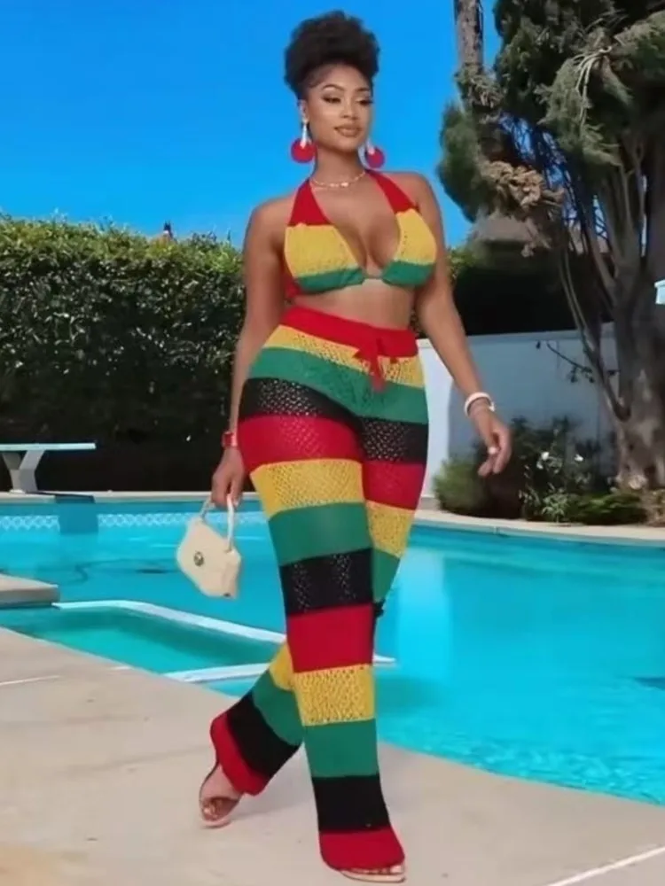 

2025 Women Beach 2 Piece Sets Bikini Cover-Ups Swimsuit Tops And High Waist Pants Sexy Ladies Swimming Cover Up Bathing Suit