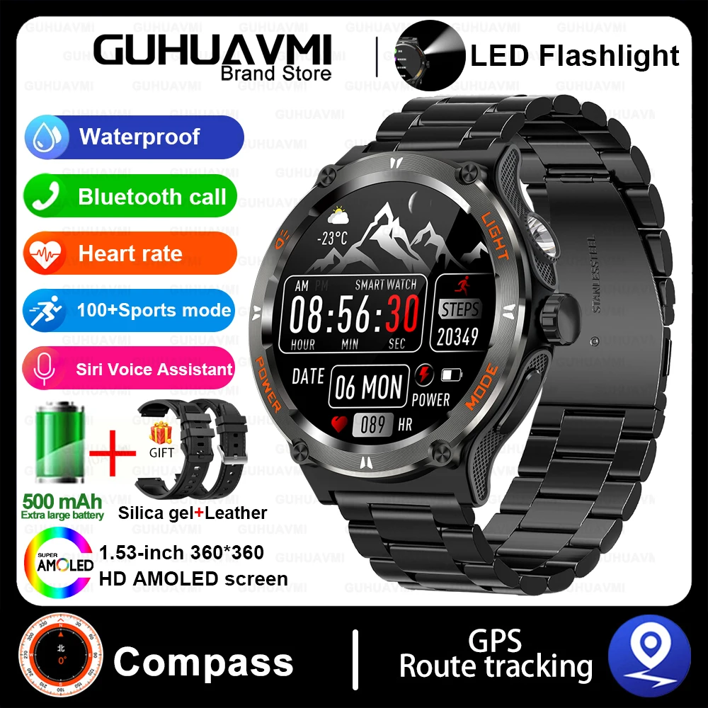 GUHUAVMI Heiße Outdoor-Militär Smartwatch Männer führte starkes Licht amoled Bildschirm Herzfrequenz Kompass Bluetooth Anruf 3atm wasserdichte Smartwatch 9