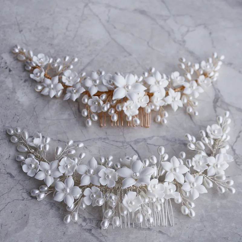

New Exquisite Beige Pearl Handmade Ceramic Flower Bridal Hair Comb Wedding Prom Women Hair Accessories Jewelry