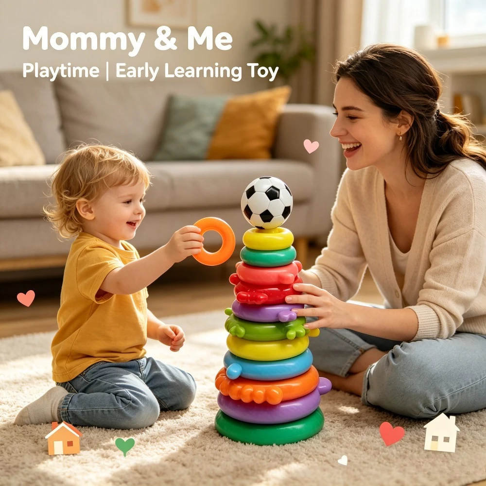 Rainbow Stacking Tower Montessori Toy 11‑Layer Baby Stacking Rings with Soccer Ball Top Smooth Edge Toddler Educational Toy Impr