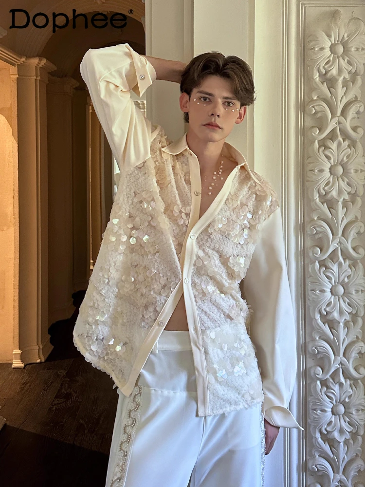 

Fashion Sequin Beaded Design Long Sleeve Shirts Men 2025 Autumn New High-End Tops Sparkling Loose Comfort Trendy Handsome Shirts