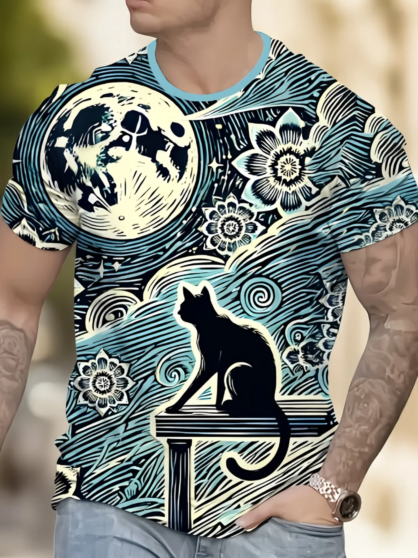 Men Starry Sky Black Cat Moon Floral Line Art Print Light Blue Trim Crew Neck Short Sleeve Tee