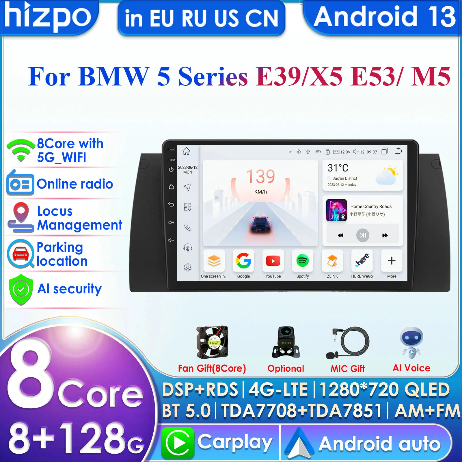 Hizpo 4G 9'' 10.33'' AI Intelligent Systems CarPlay Android Auto Radio for BMW 5 X5 E53 E39 M5 1996-2003 Car Multimedia GPS WIFI