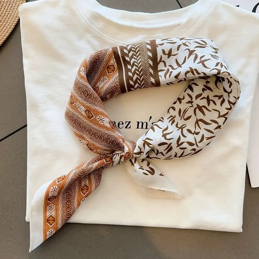 

French Retro Brown White Silk Scarf Geometric Leaf Print Small Square Neckerchief Multi-use Versatile Daily Wear