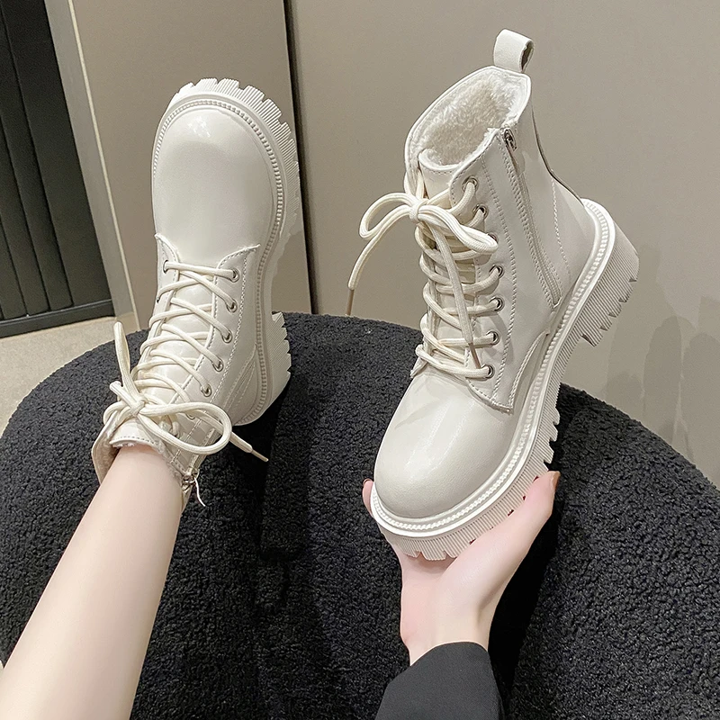 

Women's Boots Autumn/Winter New British Style Plush Fashion Thick Bottom Motorcycle Boots Lace Comfort Zipper Snow Boots