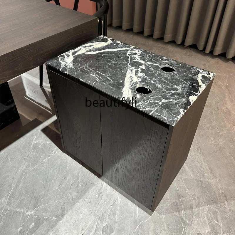 Minimal black and white flower marble tea cabinet tea table side cabinet kettle integrated embedded