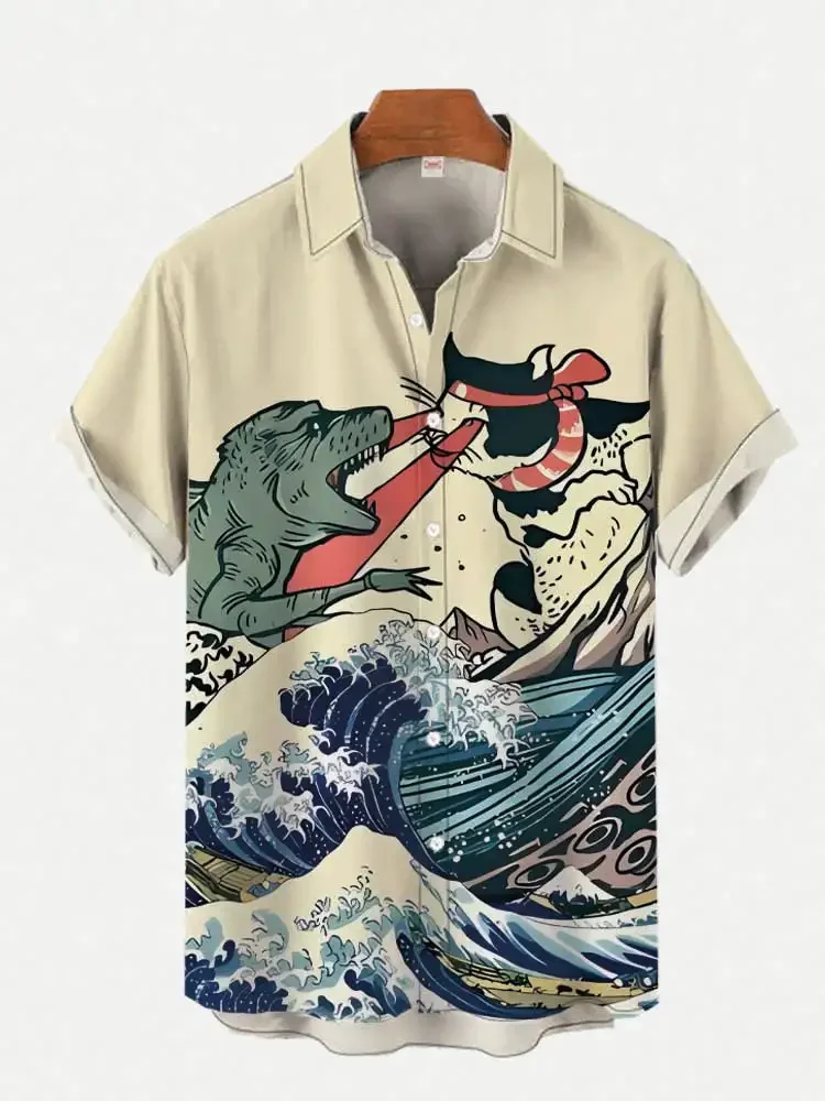 Unisex Vintage Japanese Men's Anime Samurai Cat Print Casual Daily Wear 3D Printing Short Sleeve Blouses Hawaiian Shirts For Men