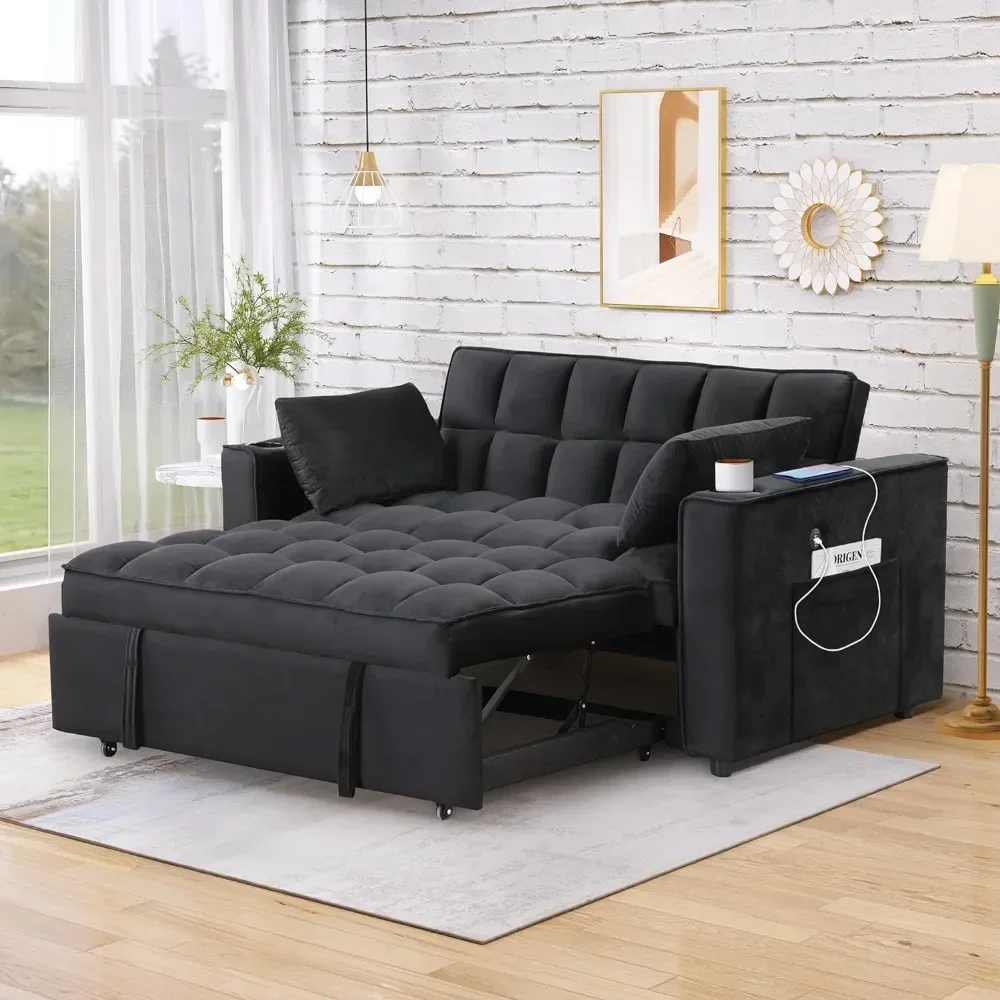 Pull Out Couch , Velvet Upholstery Convertible Sofa Bed with Cupholders and USB Ports ,  Chaise w/ Adjustable Backrest