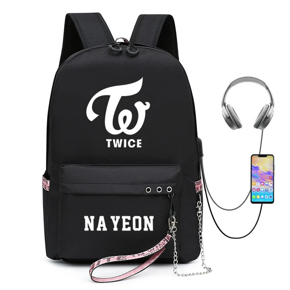 Kpop TWICE Chain USB Charging Backpack Student Backpack Korean Version Backpack Nayeon Jeongyeon Momo Sana Gift Fans Collection