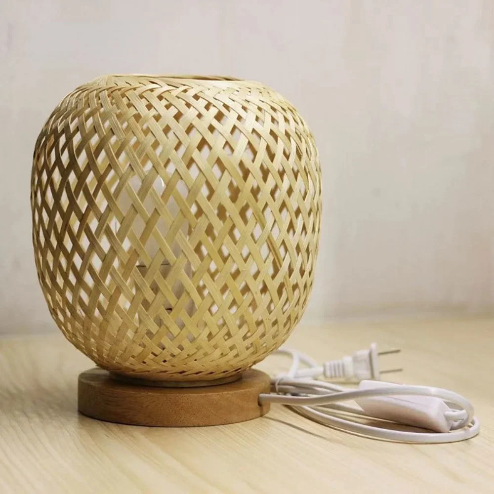 Bamboo Weaving Table Lamp with Handmade Natural Wooden Base, Retro Desk Lamp Reading Light Home Decor  Table Lamp