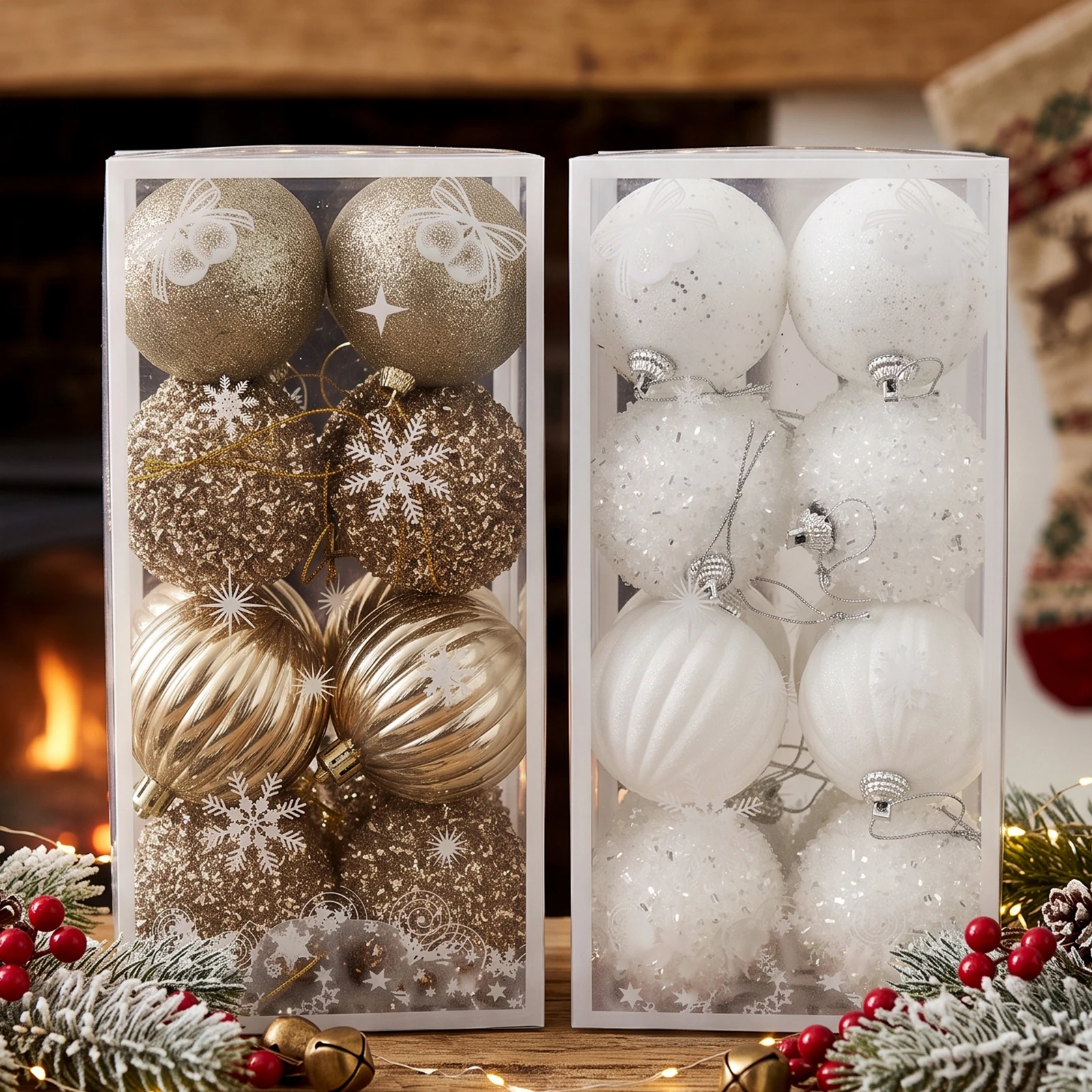 16Pcs Glitter Spiral Textured Christmas 2.36Inch Ball Ornaments, Shatterproof Champagne Gold White Xmas Tree Hanging Baubles for