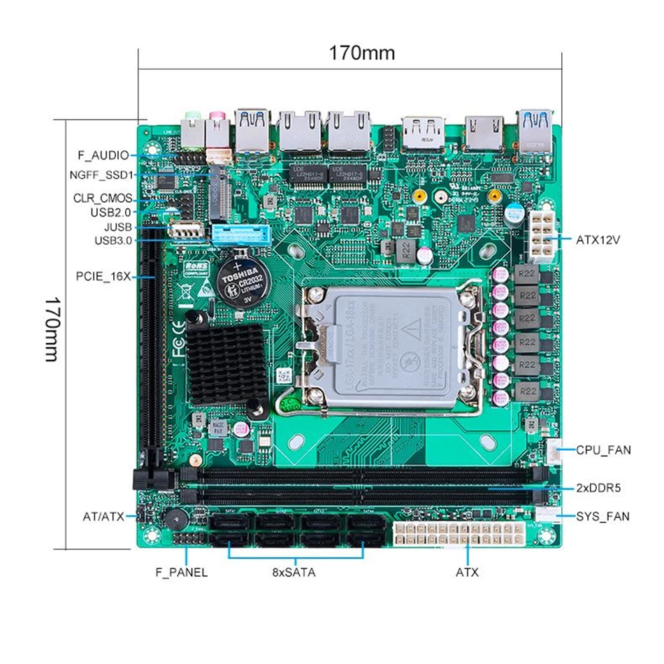 Материнская плата Q670 Intel vPro с 8 отсеками NAS 12/13/14-го поколения LGA1700 CPU 3x NVMe 8x SATA3.0 1x PCIEx16 2x DDR5 2x 2.5G LAN Материнская плата